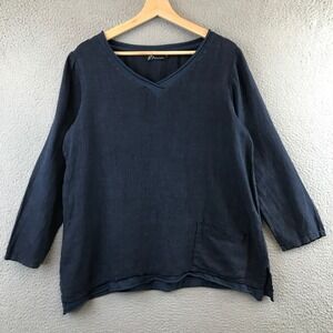 Fenini Women's Navy Blue Linen Blend V Neck Long Sleeve Pocket Tunic Top Size S